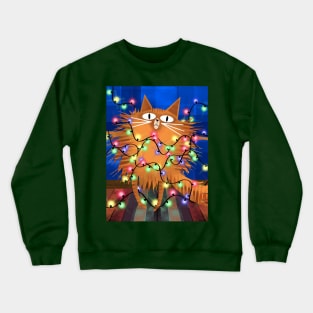 Ginger Cat Entangled by Christmas Tree Lights Crewneck Sweatshirt